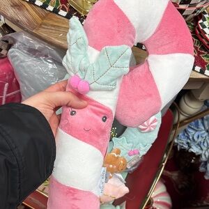 Pink & White Candy Cane Plush Rattle with Mint Leaf Accent - Unbranded